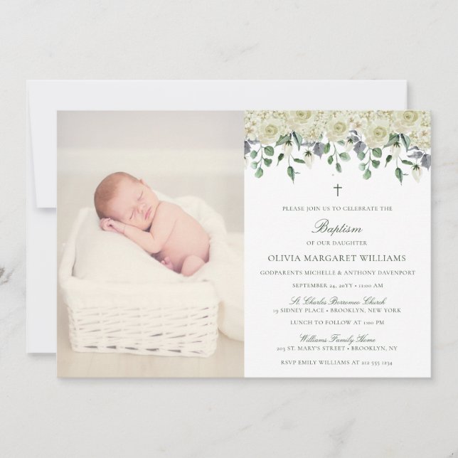 Invitación al bautismo de foto elegante con flores (Anverso)