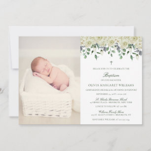 Invitación al bautismo de foto elegante con flores
