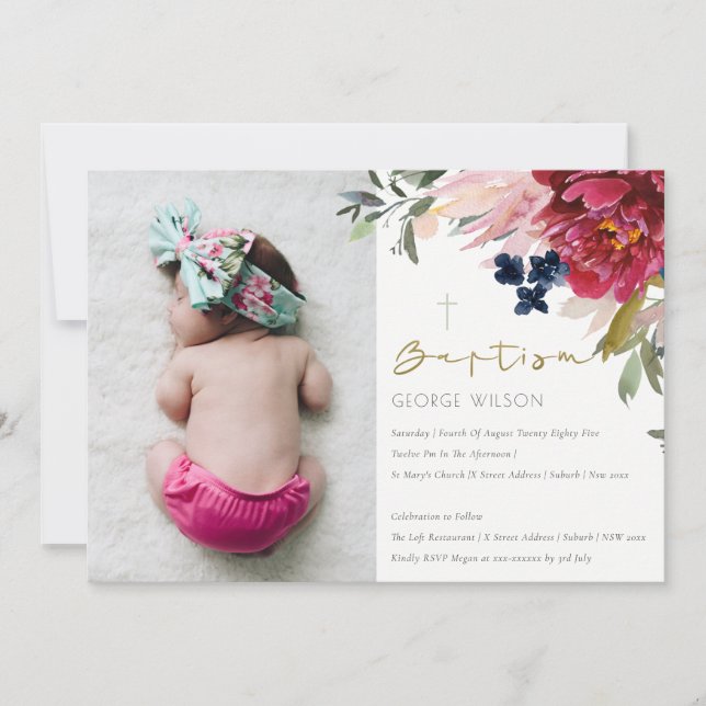 Invitación al bautismo de foto floral azul de Rubo (Anverso)