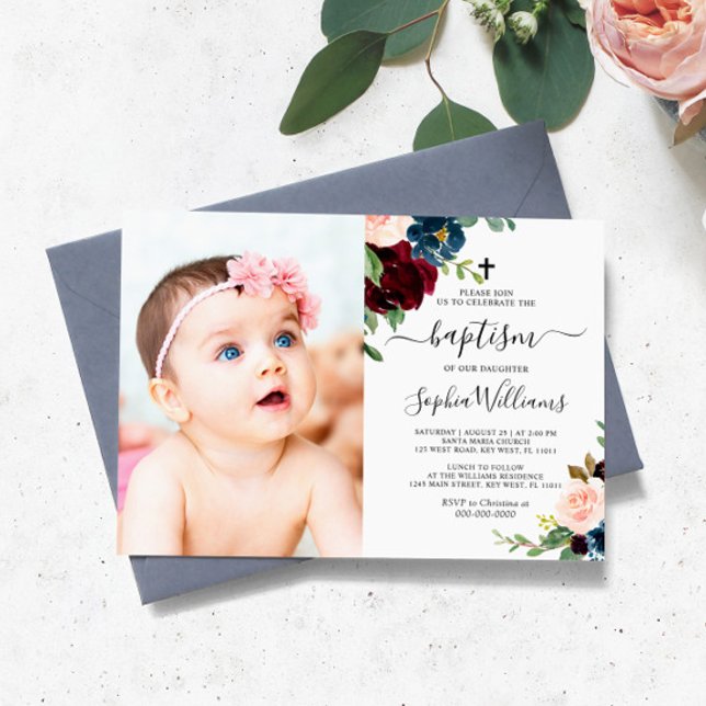 Invitación al bautismo de foto floral de Borgoña y (Subido por el creador)