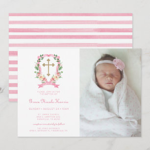 Invitación al bautismo de foto floral rosa
