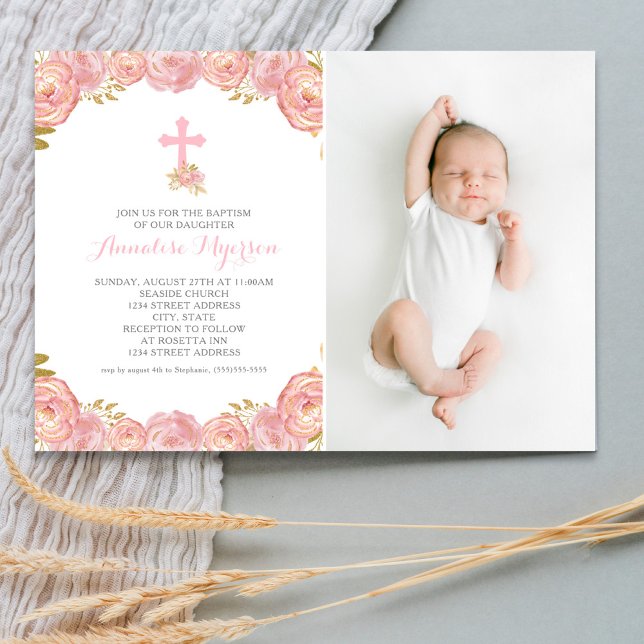 Invitación al bautismo de foto floral rosa (Subido por el creador)