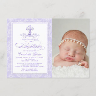 Invitación al bautismo de foto morada Lavender