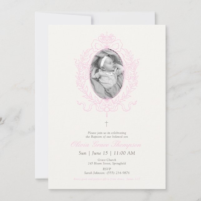 Invitación al bautismo de foto Personalizado rosa (Anverso)