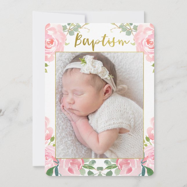 Invitación al bautismo de foto rosa dorada de chic (Reverso)