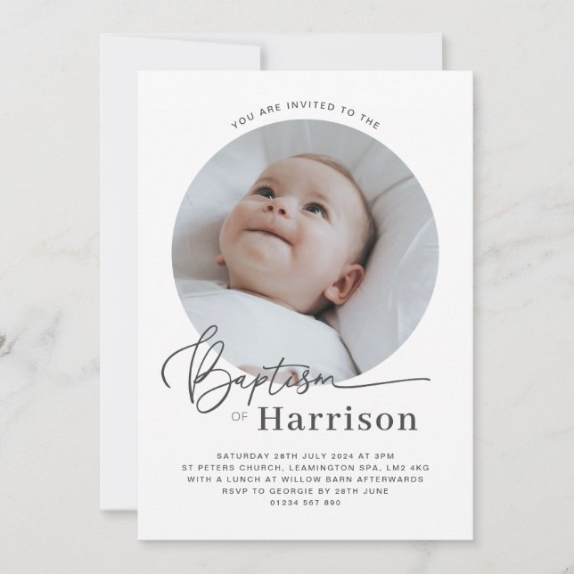 Invitación al bautismo de fotografía redonda (Anverso)