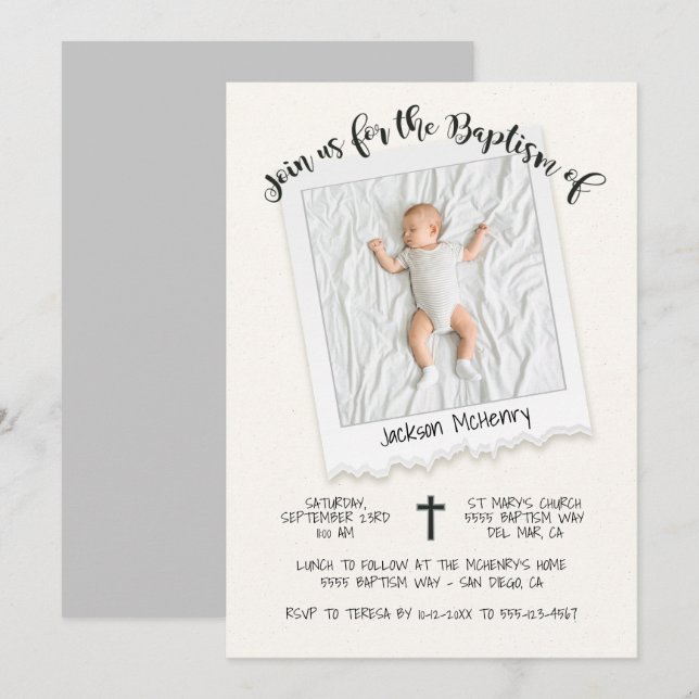 Invitación al bautismo de fotos de instantánea mod (Anverso / Reverso)