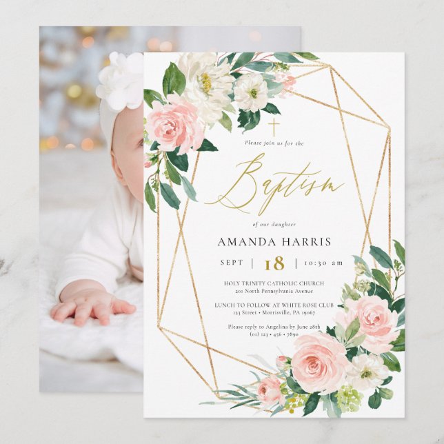 Invitación al bautismo de fotos de marcos florales (Anverso / Reverso)