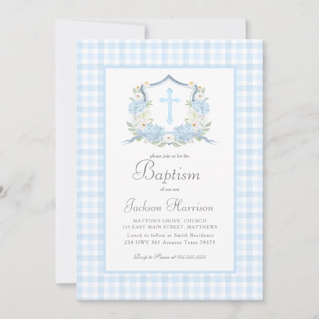 Invitación al bautismo de Gingham azul, bautismo d (Anverso)