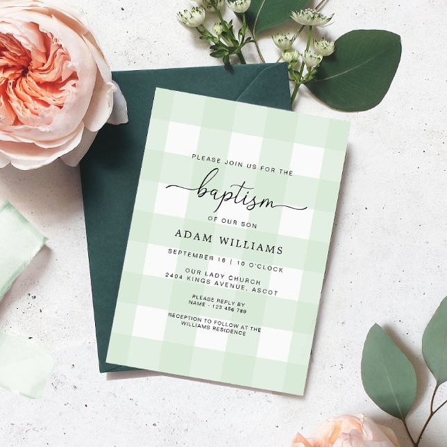 Invitación al bautismo de Gingham de Mint Green (Subido por el creador)