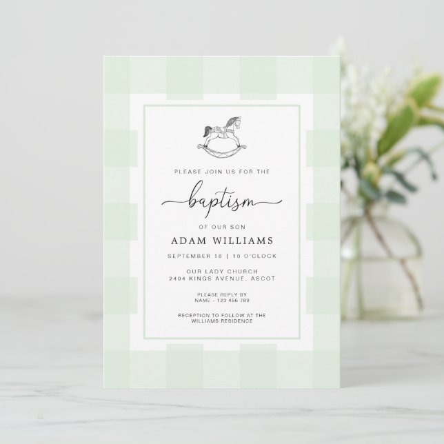Invitación al bautismo de Gingham de Rocking Horse (Anverso de pie)