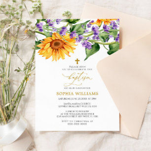Invitación al bautismo de girasoles y lavanda