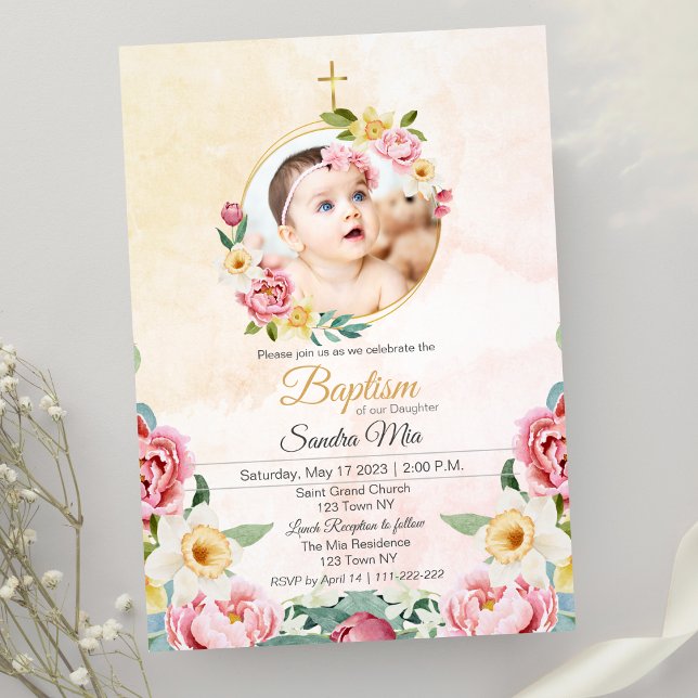 Invitación al bautismo de jardín de flores rosadas (Sweet Yellow-pink Flower Garden Baptism Invitation)