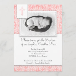 Invitación al bautismo de la bebé damasco rosa