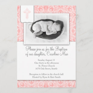 Invitación al bautismo de la bebé damasco rosa