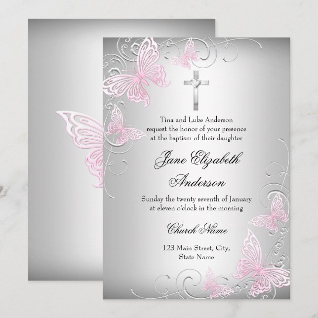 Invitación al bautismo de la cruz de mariposa rosa (Anverso / Reverso)