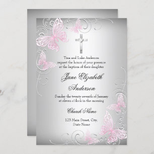 Invitación al bautismo de la cruz de mariposa rosa