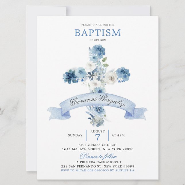 Invitación al bautismo de la Cruz Floral Azul Dust (Anverso)