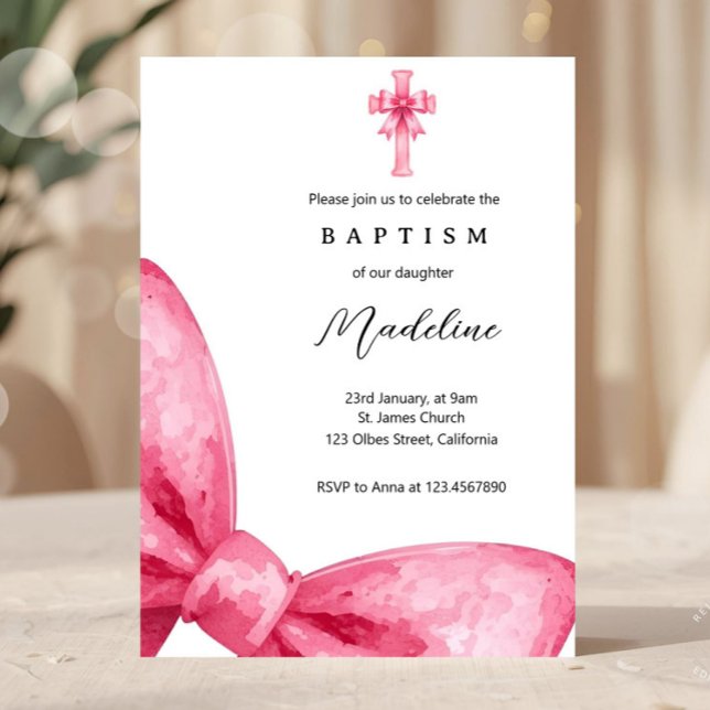 Invitación al bautismo de los Chicas de Rubor Pink (bow baptism, pink bow invite, christening girl, baptism girl invite, ribbon, pink, minimal, elegant,)