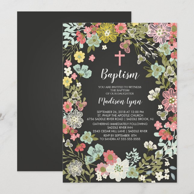 Invitación al bautismo de los CHICAS florales de C (Anverso / Reverso)