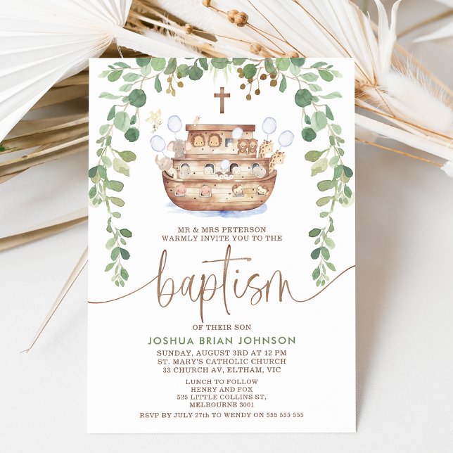 Invitación al bautismo de los muchachos de la flor (Modern Noah's ark and foliage baptism invitation for a baby boy featuring a cute ark illustration.)