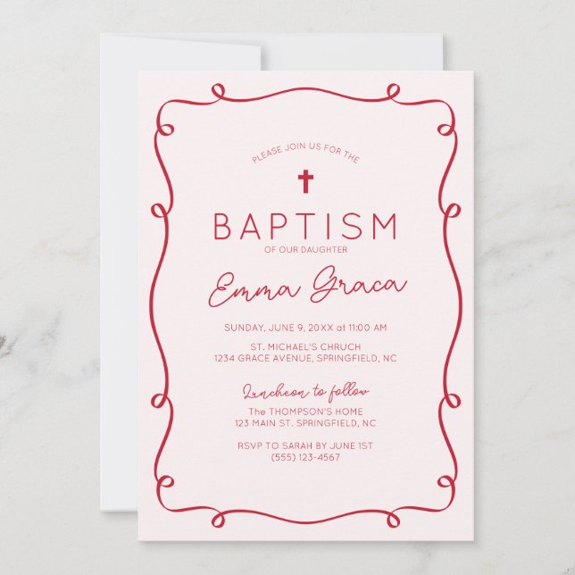 Invitación al bautismo de mano rosada y roja (Anverso)