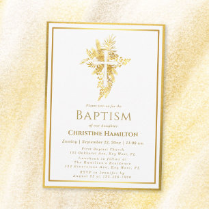 Invitación al bautismo de marco floral cruzado de 