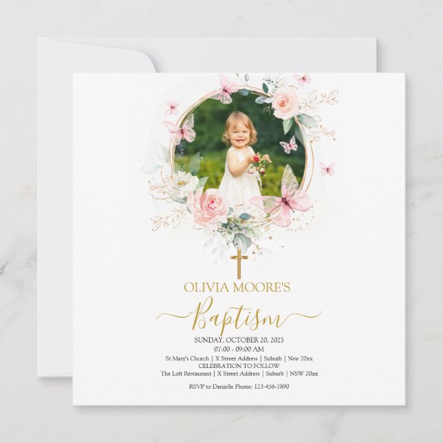 Invitación al bautismo de mariposa floral rosa (Anverso)