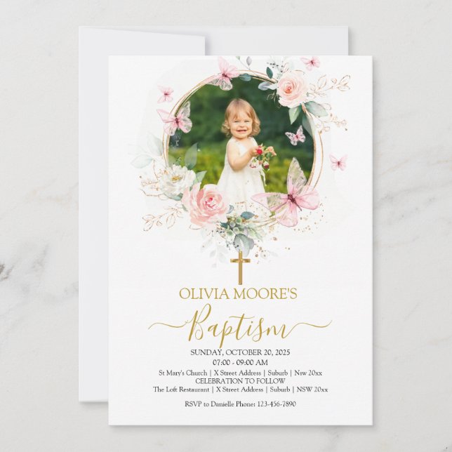 Invitación al bautismo de mariposa floral rosa (Anverso)