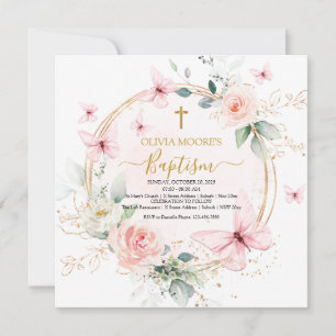 Invitación al bautismo de mariposa floral rosa