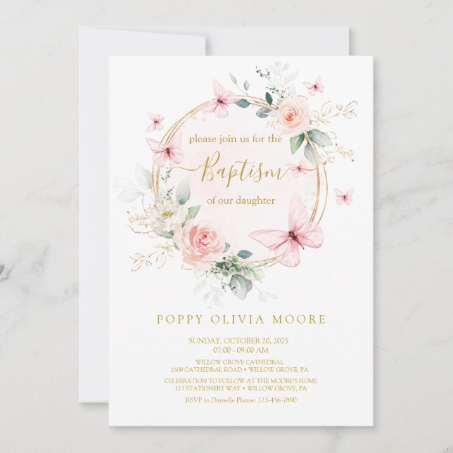 Invitación al bautismo de mariposa rosa (Anverso)