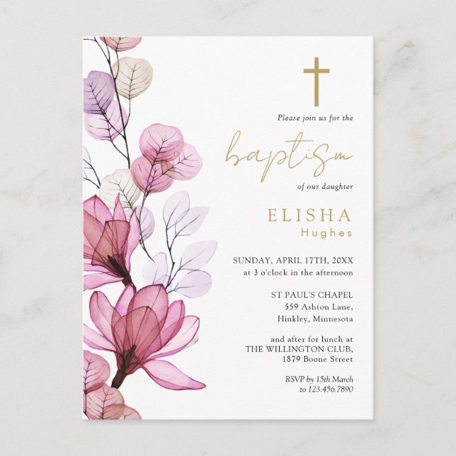 Invitación al bautismo de monograma floral Rosa co (Anverso)