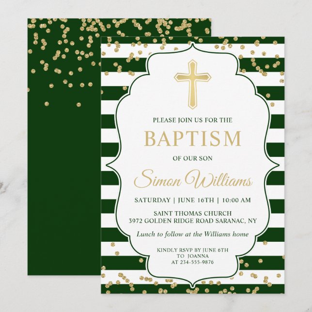 Invitación al bautismo de niño con franjas verdes  (Anverso / Reverso)