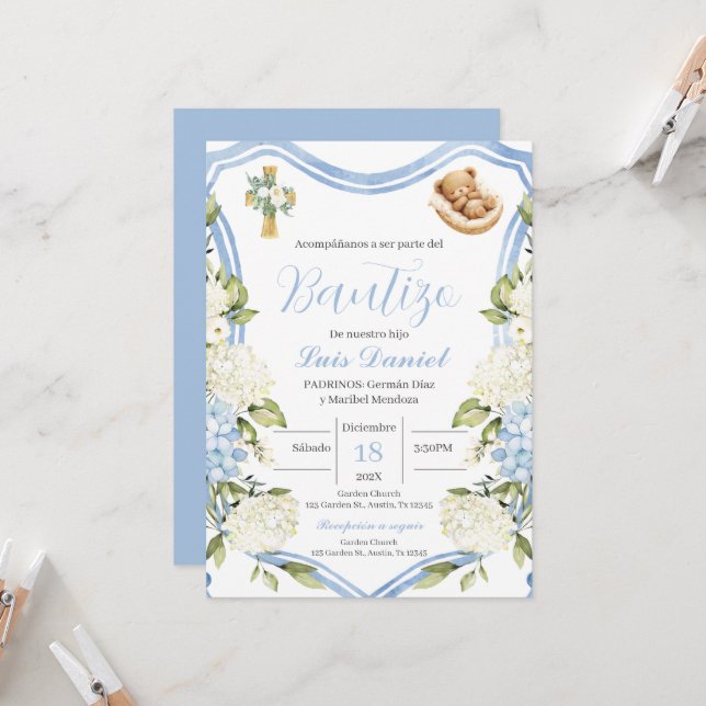 Invitación al bautismo de niño floral azul (Anverso/Reverso In Situ)