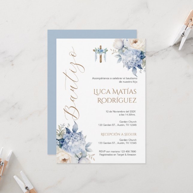 Invitación al bautismo de niño floral azul español (Anverso/Reverso In Situ)