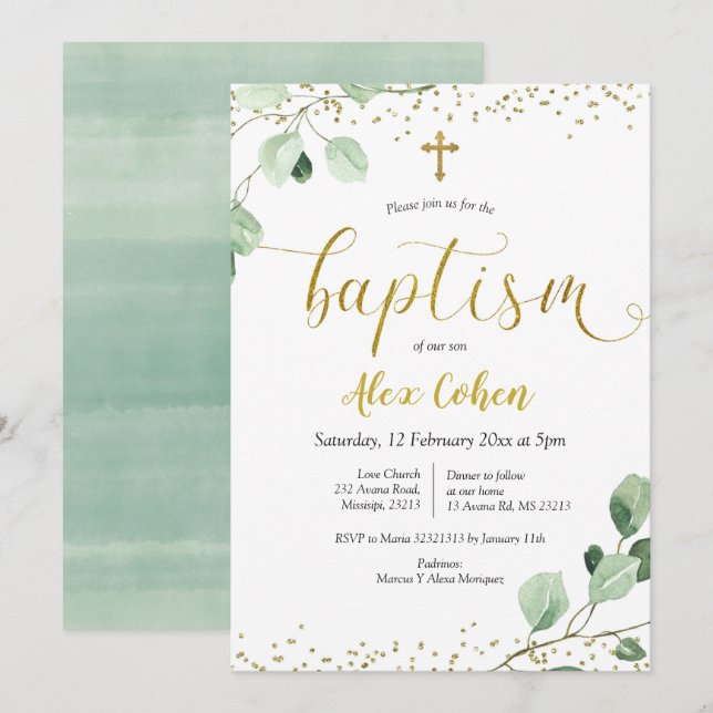 Invitación al bautismo de niño verde (Anverso / Reverso)