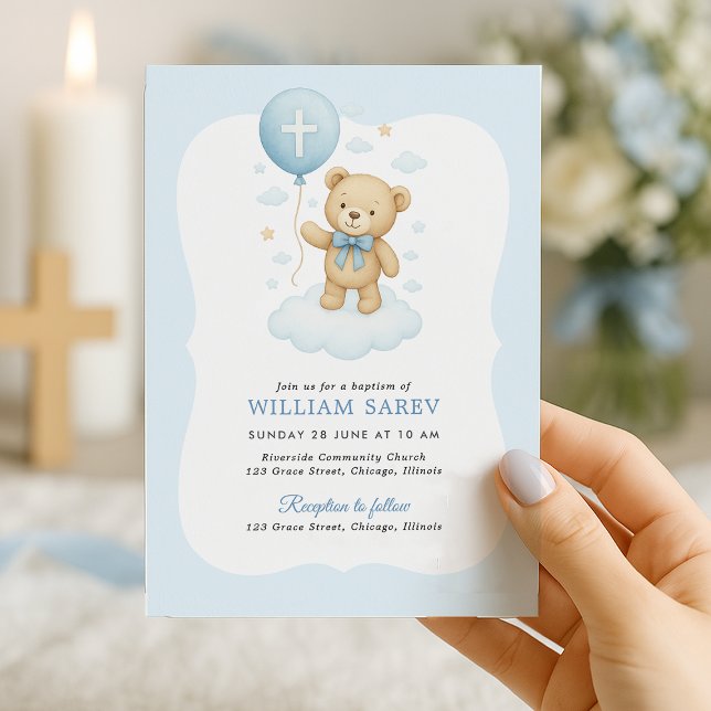 Invitación al bautismo de oso de peluche para niño (Sweet teddy bear baptism invite with cross balloon – hand-held design for baby boy celebration)