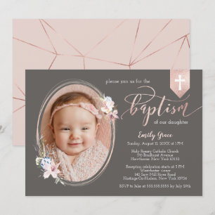 Invitación al bautismo de Oval Floral Photo Rosa G