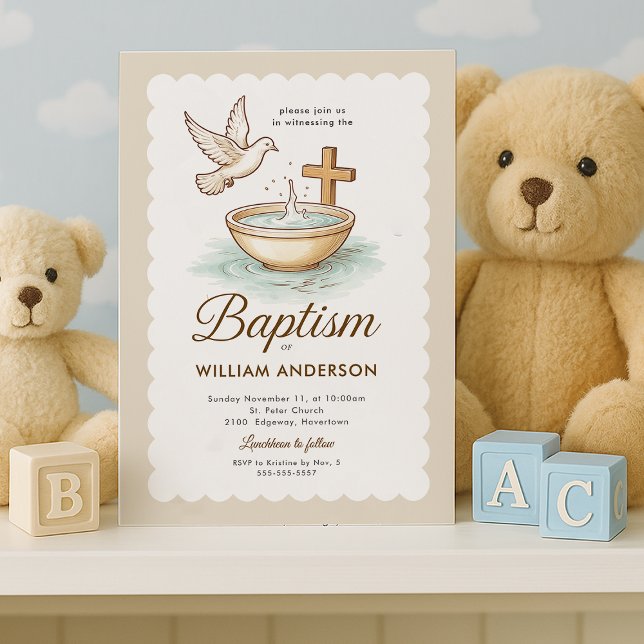 Invitación al bautismo de palo y cruz clásico (Timeless dove and cross invitation with teddy bears, perfect for Baptism)