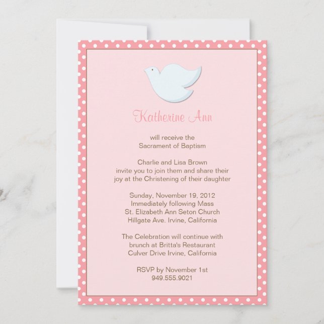 Invitación al bautismo de paloma para Chica (Anverso)