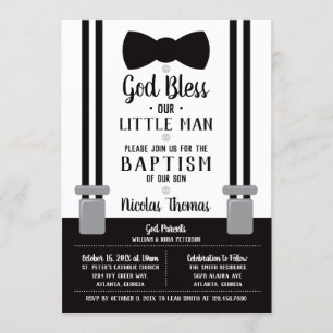 Invitación al bautismo de pequeño hombre, negro, b