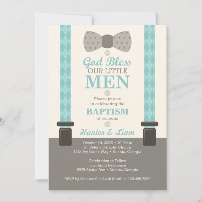 Invitación al bautismo de pequeños hombres gemelos (Anverso)