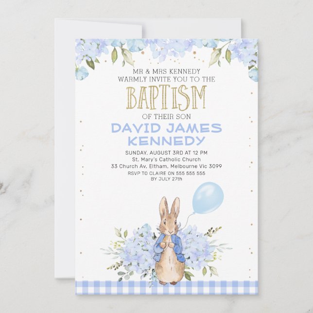Invitación al bautismo de Peter Rabbit Gold Blue F (Anverso)