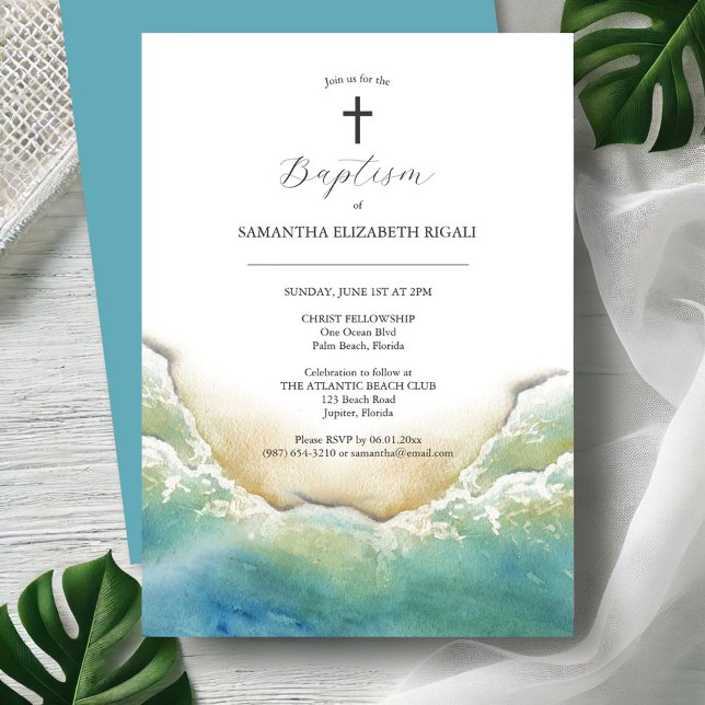 Invitación al bautismo de playa acuarela (Baptism invitations watercolor ocean waves art by Victoria Grigaliunas Do Tell A Belle)