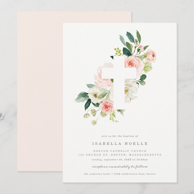 Invitación al bautismo de primavera florals (Anverso / Reverso)