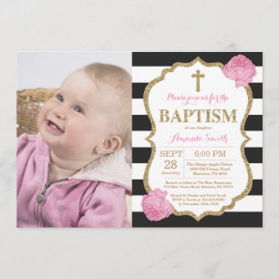 Invitación al bautismo de Purpurina negro rosa y d