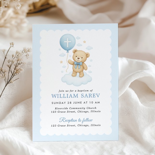 Invitación al bautismo de Teddy Bear Boy (Adorable baptism invite for boy with teddy and stars—soft neutral setting for sweet celebration)