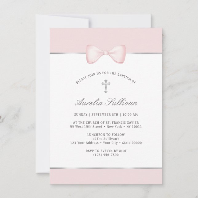 Invitación al bautismo de vaca rosa pálido (Anverso)