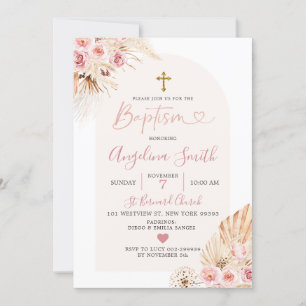 Invitación al bautismo del arca floral rosa boho