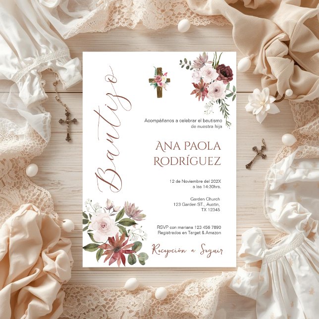 Invitación al bautismo del Chica floral de Boho es (Subido por el creador)